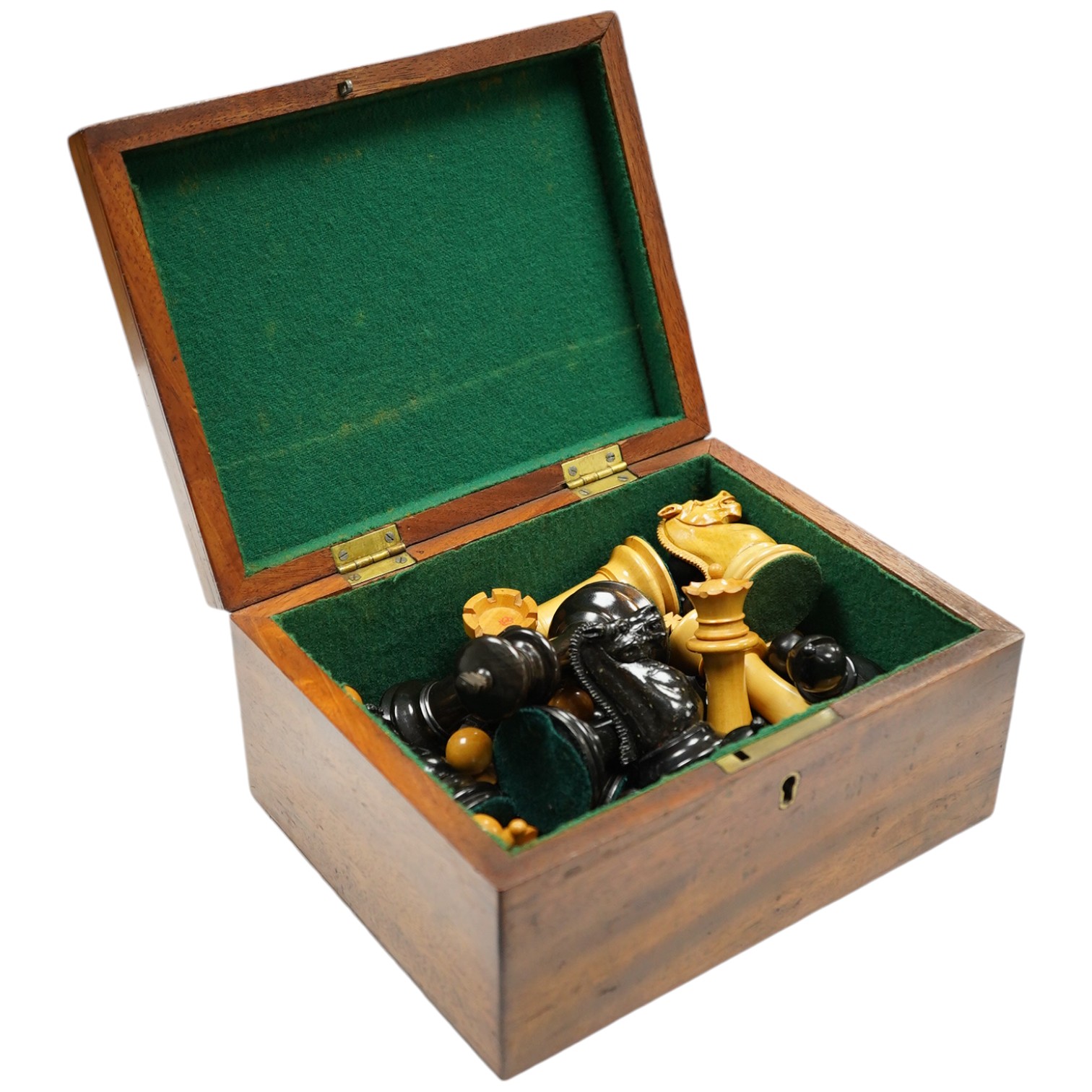 A boxed Jaques Staunton boxwood and ebonised lead weighted chess set, White king stamped Jaques London, Kings 10cm, unlabelled box 20cm wide x 9cm high. Condition - chess pieces good, box cracked